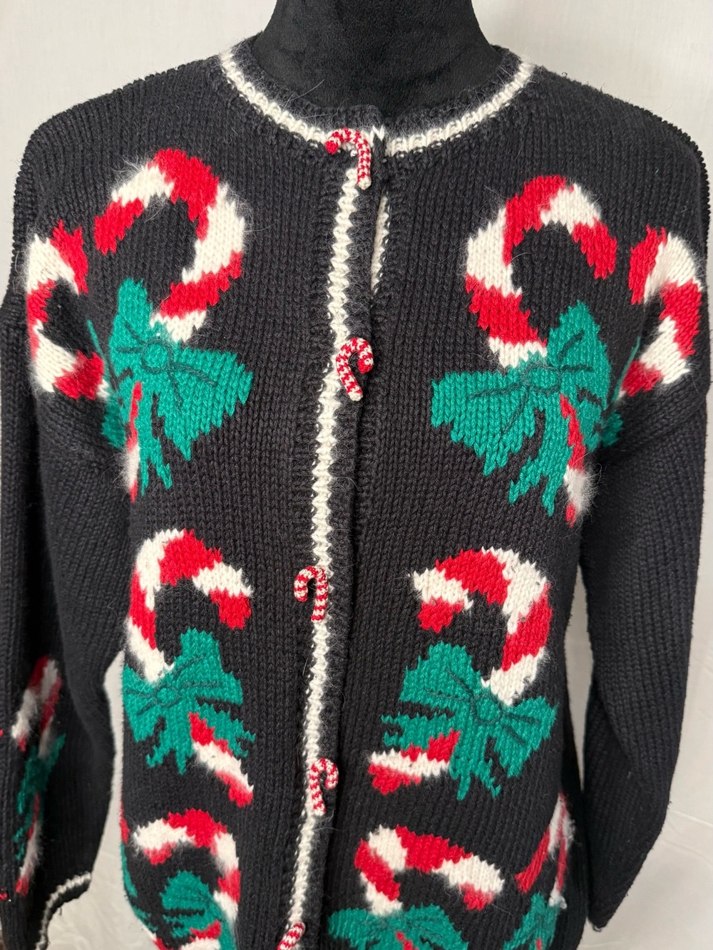 Vintage Belle Pointe Candy Cane Christmas Black  Knitted Cardigan Sweater Sz M